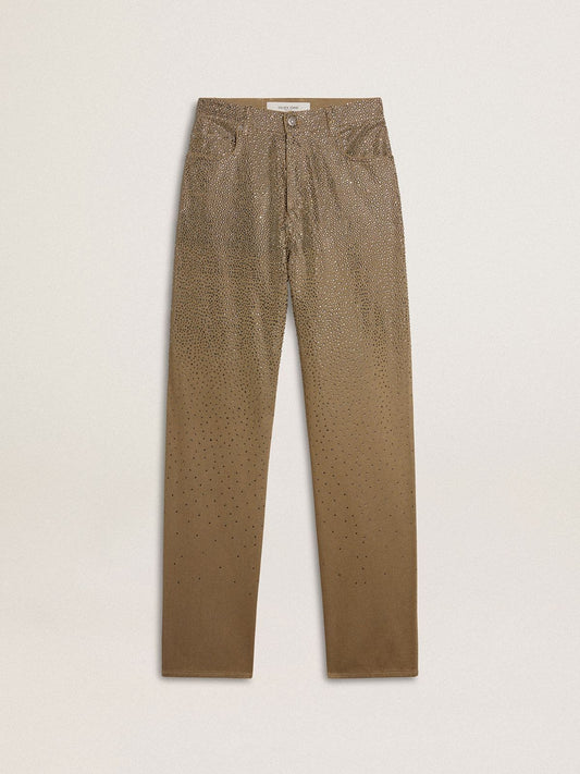Women's khaki cotton pants with gradient Swarovski effect | Golden Goose