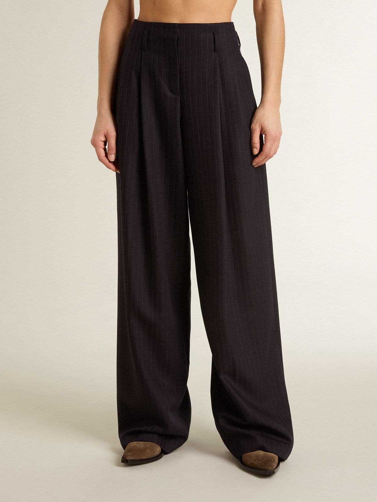 Women’s dark blue tailored trousers with vertical stripe | Golden Goose