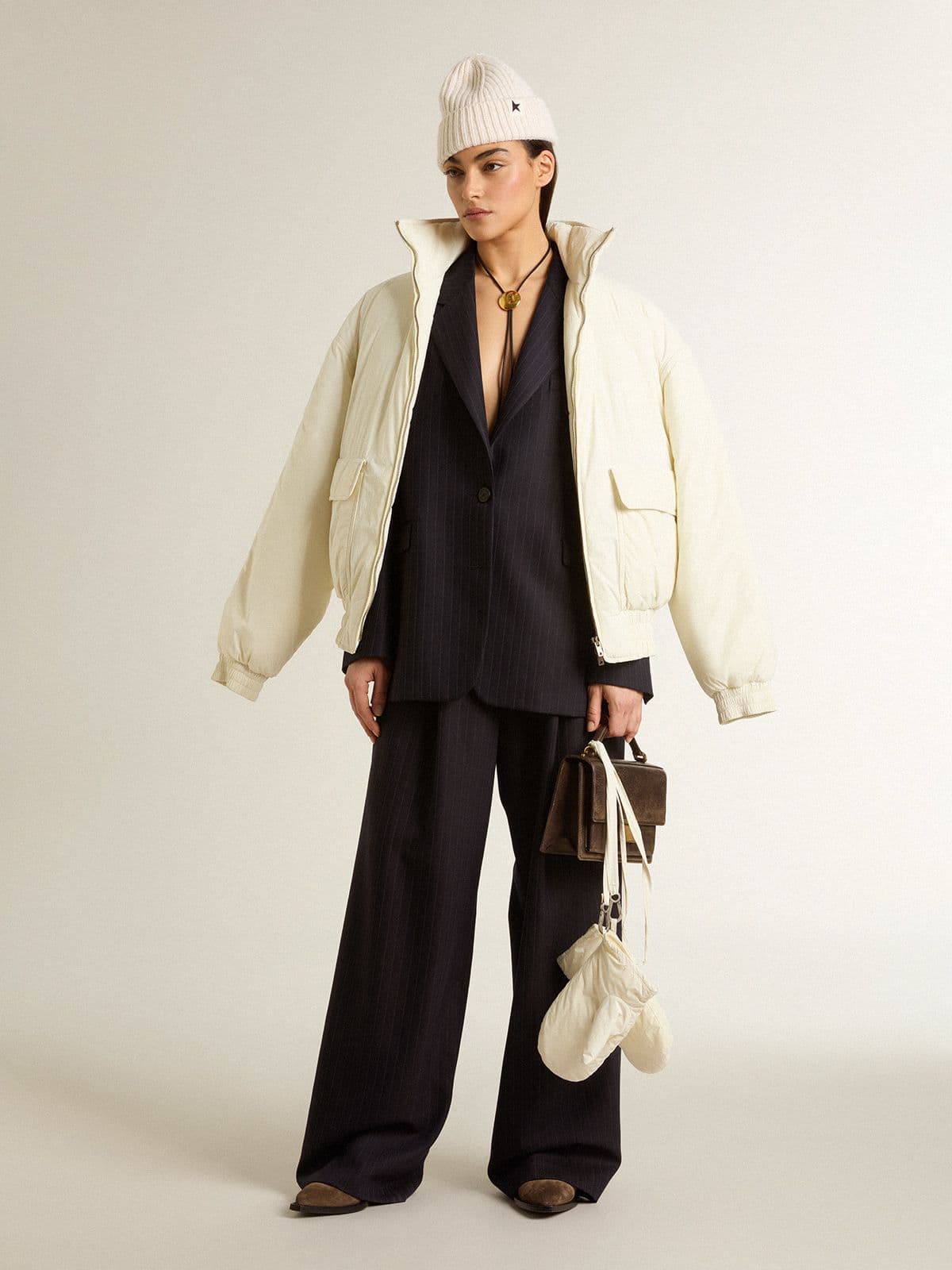 Women’s dark blue tailored trousers with vertical stripe | Golden Goose