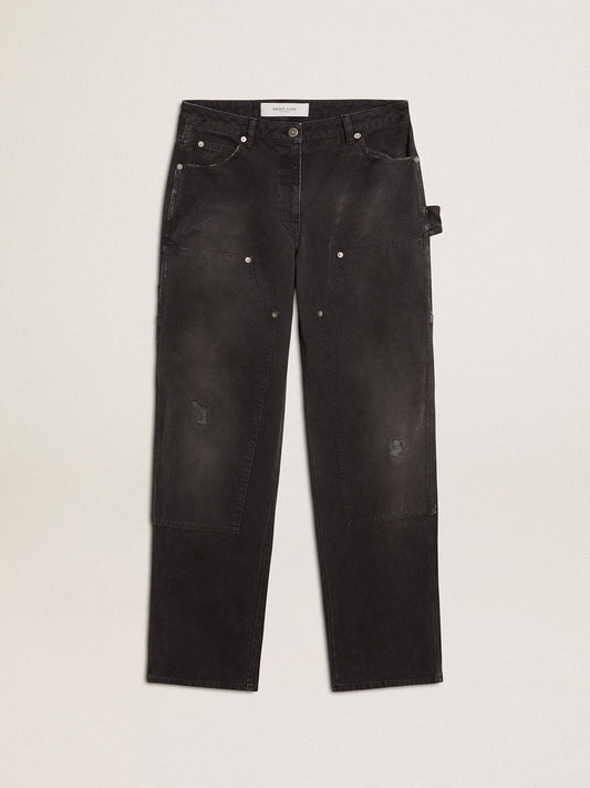 Women's distressed black cotton jeans with front patches | Golden Goose