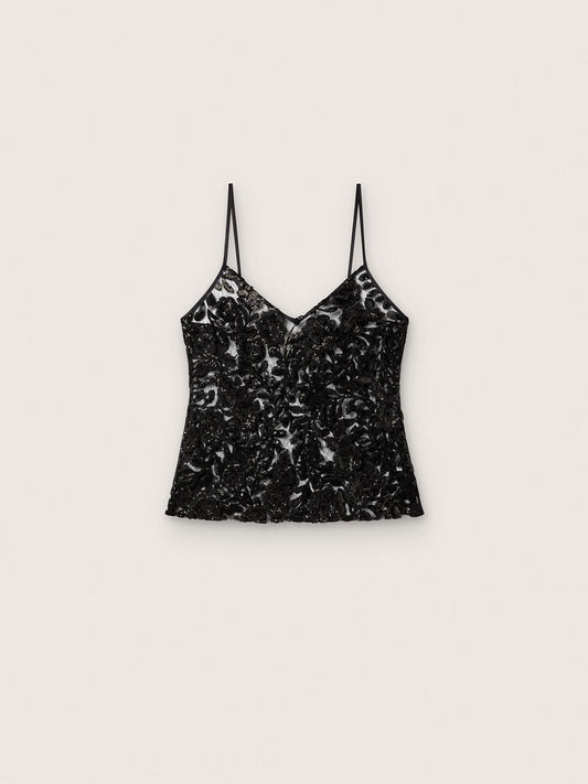 Women's top in black tulle with floral pattern in black sequins | Golden Goose