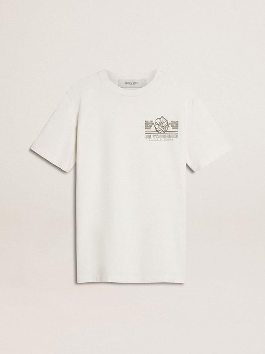 Women's white T-shirt with black print on the chest | Golden Goose