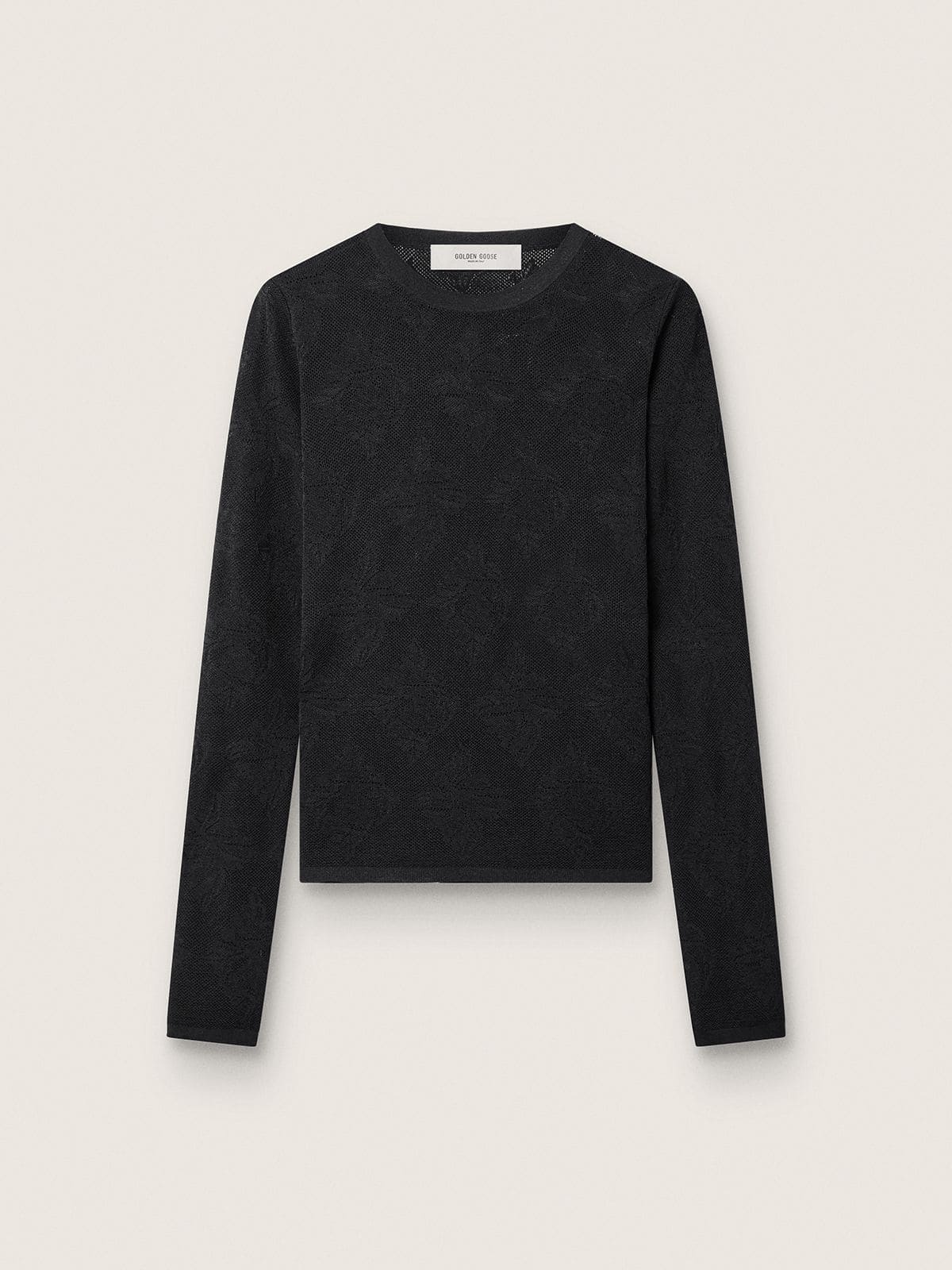 Women's crew-neck sweater with black floral jacquard pattern | Golden Goose
