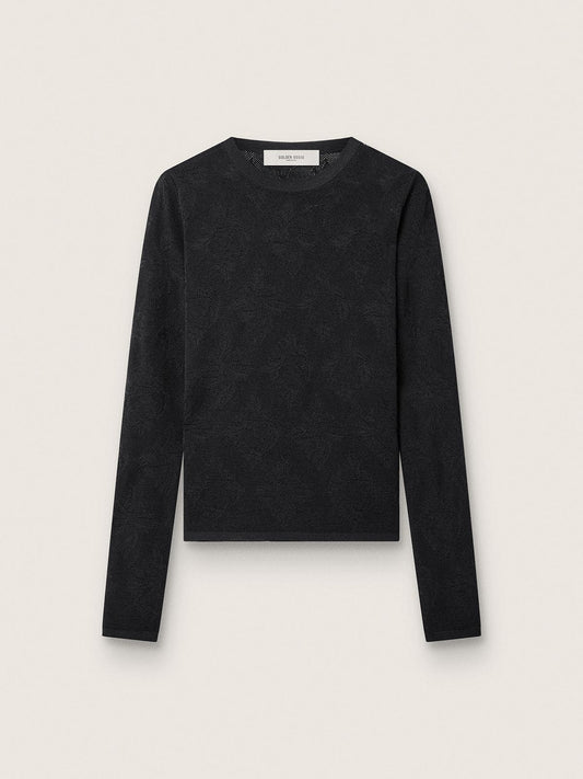 Women's crew-neck sweater with black floral jacquard pattern | Golden Goose