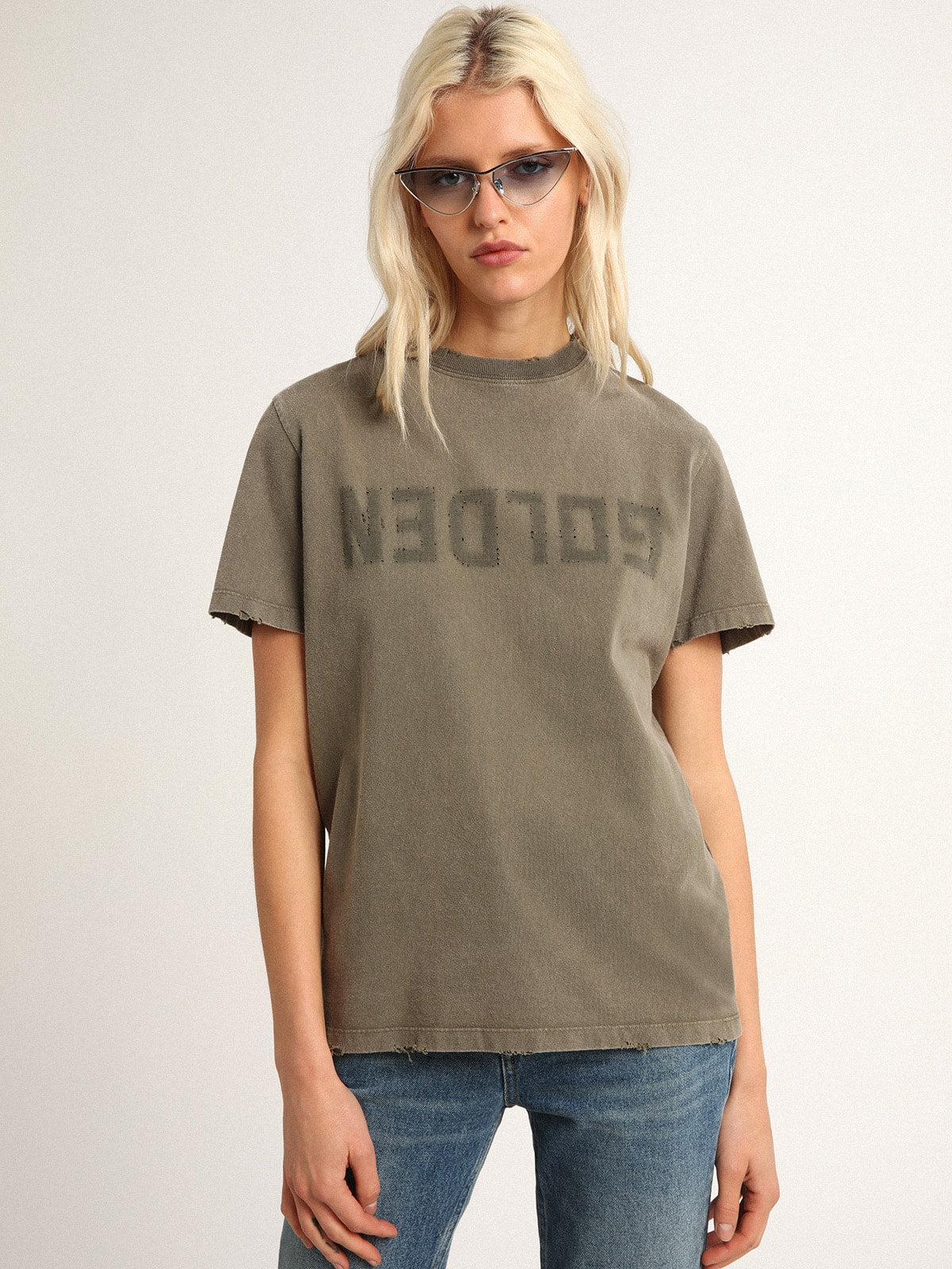 Olive-green regular-fit T-shirt with Golden lettering on the front | Golden Goose