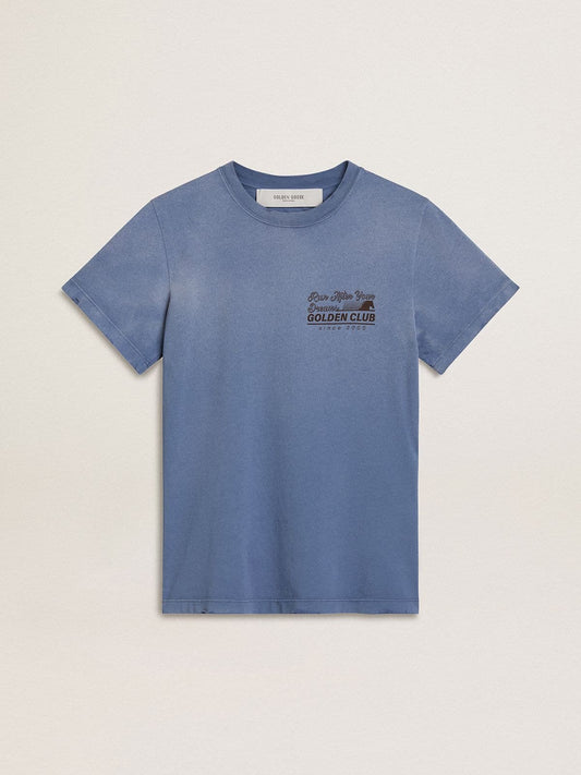 Women's faded light blue T-shirt with print on the chest | Golden Goose