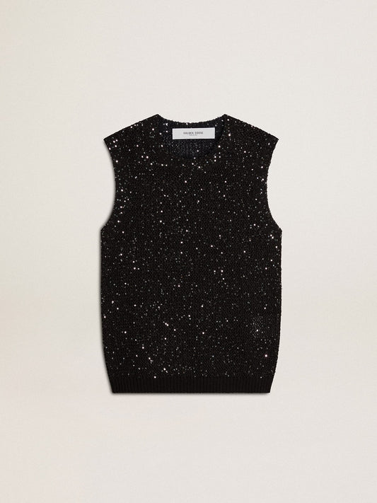Black mesh knit top with sequins and contrasting details | Golden Goose