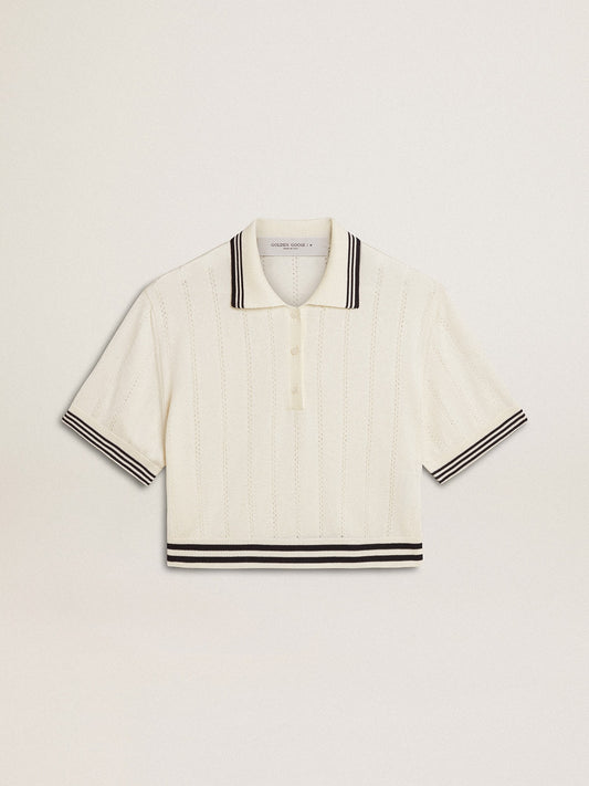 Women's cropped worn-white cotton polo shirt with blue ribbing | Golden Goose