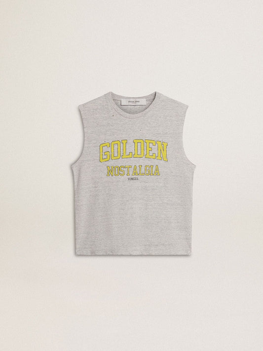 Women's gray sleeveless T-shirt with yellow print | Golden Goose