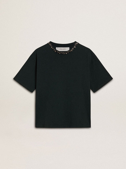 Women's black T-shirt with crystals | Golden Goose
