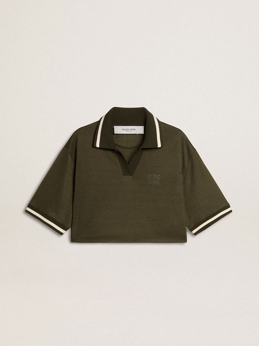 Women's cropped polo in military-green jersey with embroidery | Golden Goose