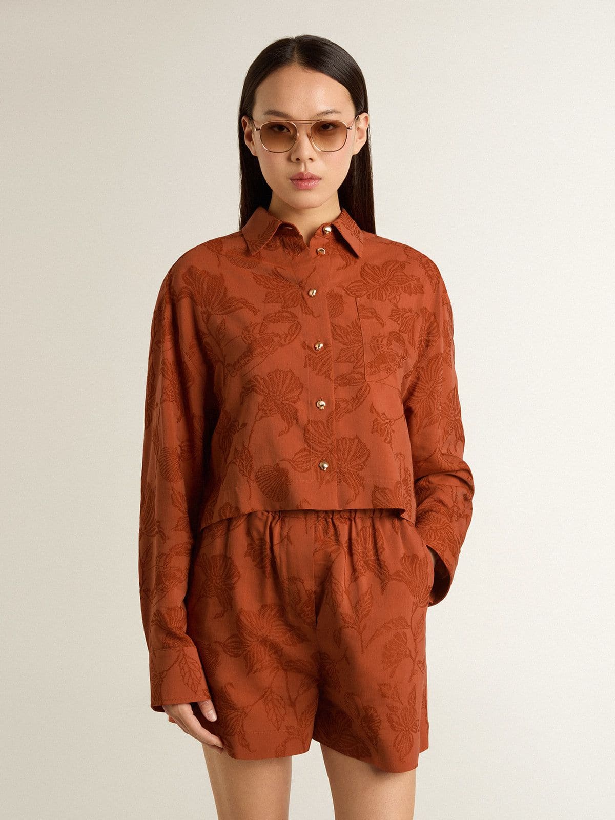 Women's cropped shirt in brick red jacquard with wide sleeves | Golden Goose