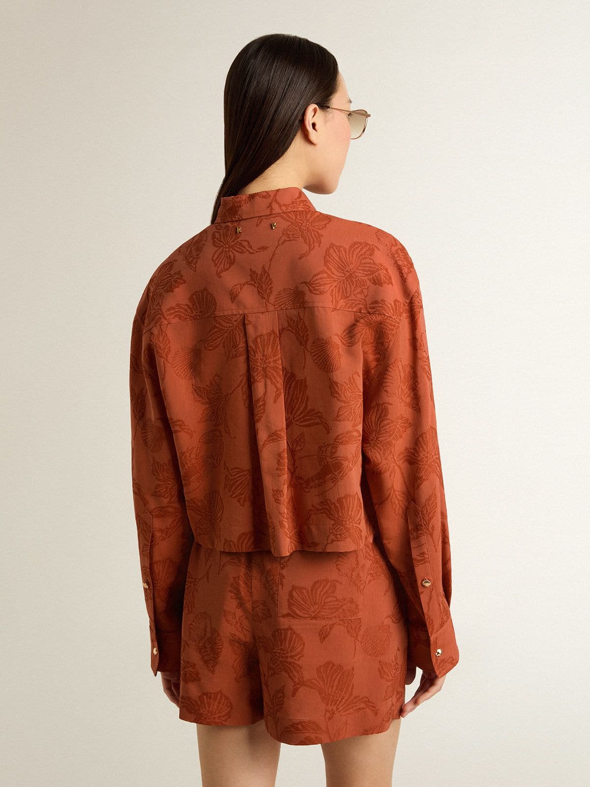 Women's cropped shirt in brick red jacquard with wide sleeves | Golden Goose