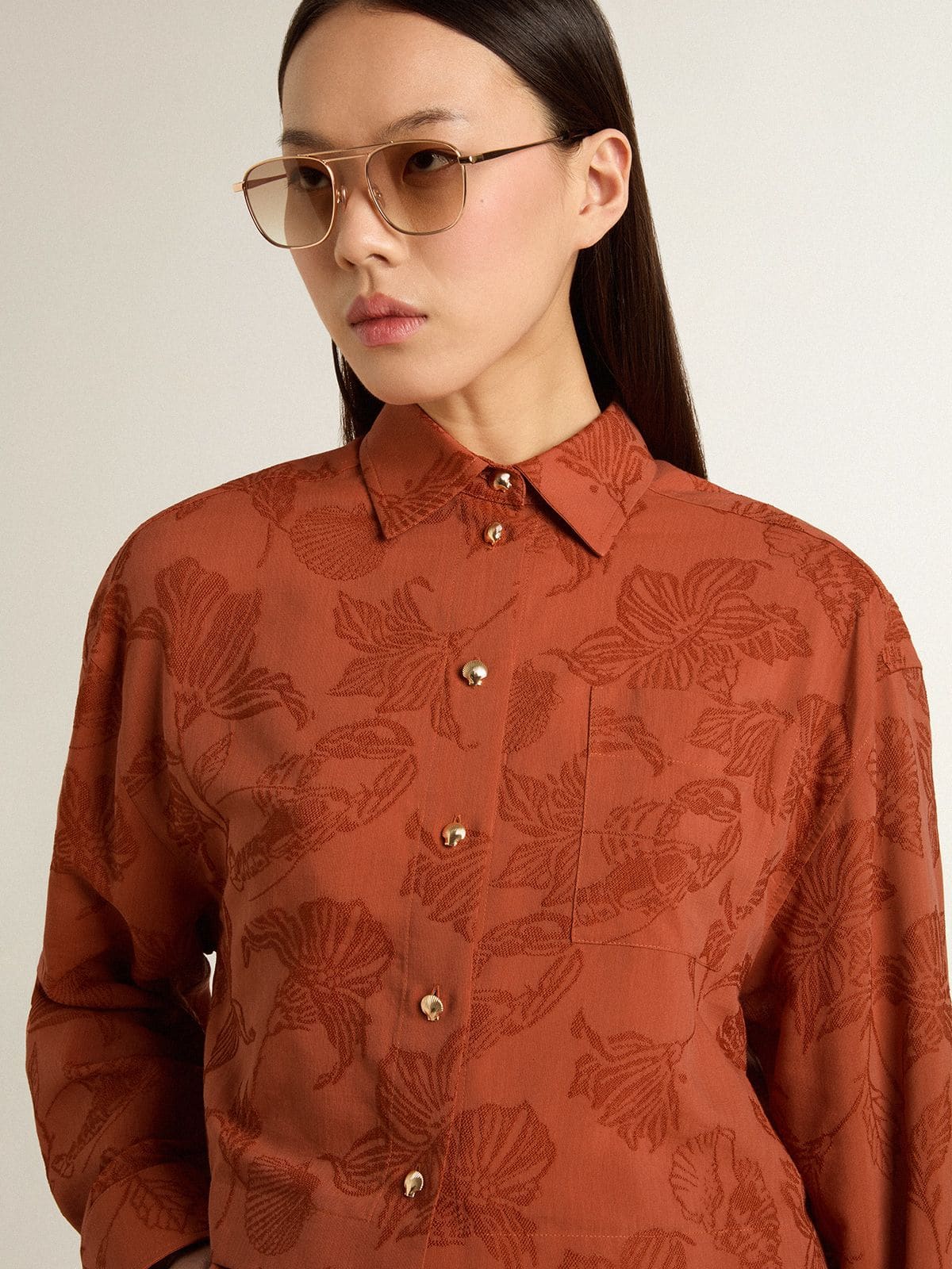 Women's cropped shirt in brick red jacquard with wide sleeves | Golden Goose