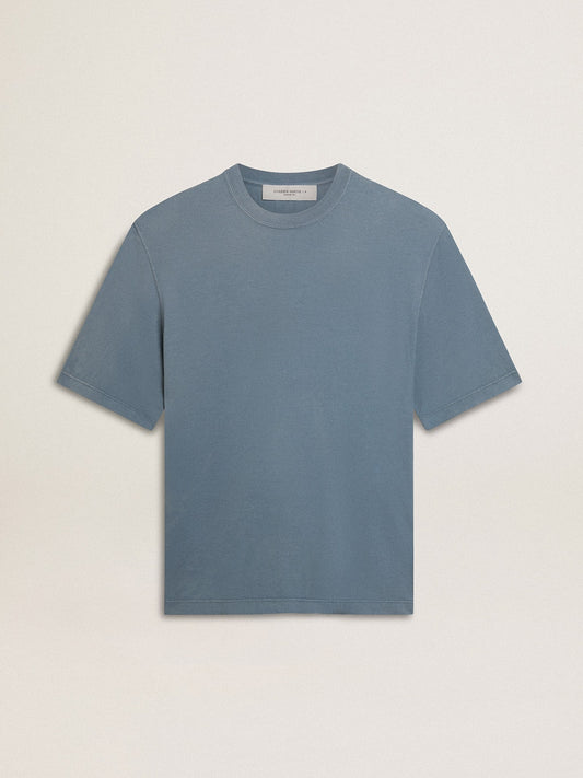 Unisex cotton T-shirt in baby blue with reverse print on the back | Golden Goose