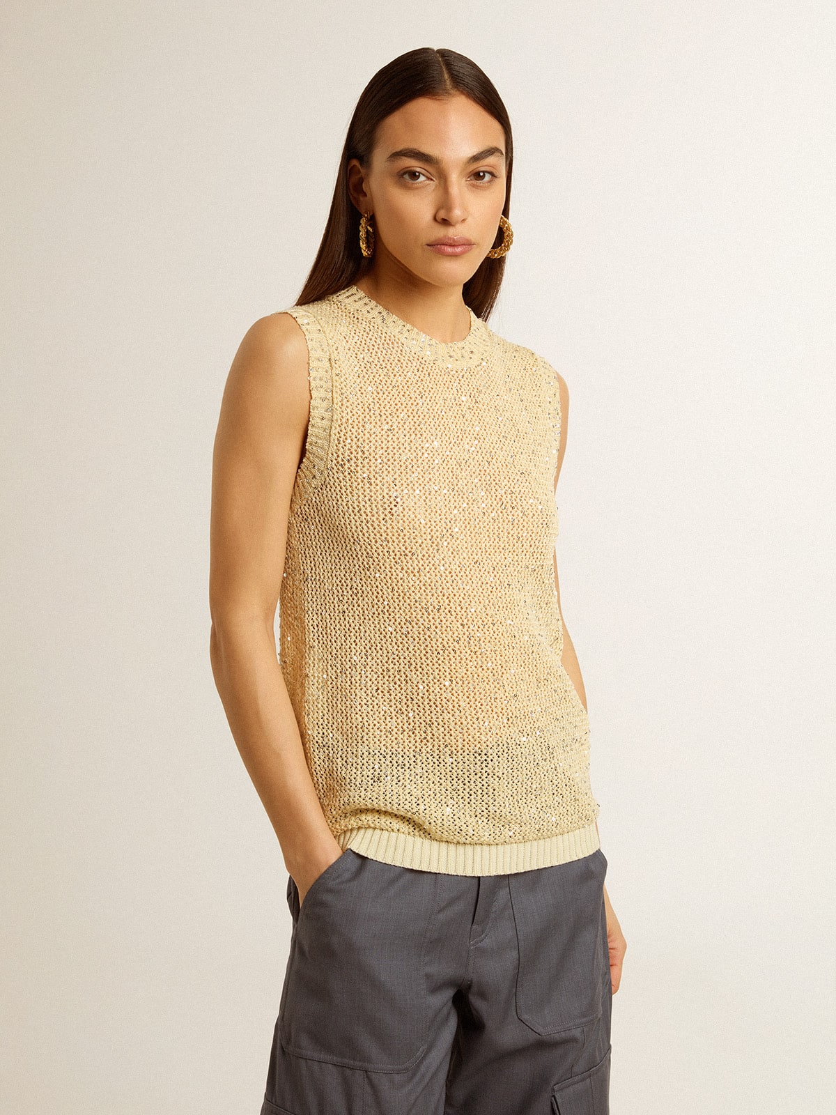 Mesh knit top with sequins and contrasting details | Golden Goose