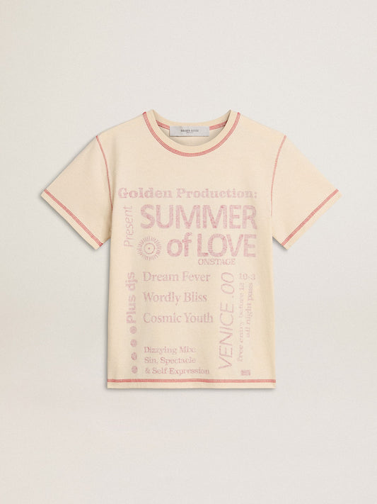 Women's cream T-shirt with faded red accents | Golden Goose