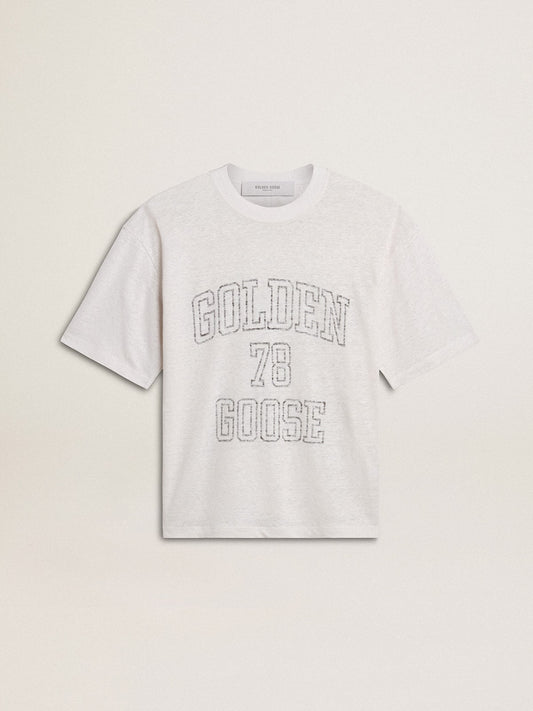 Women's lightweight white linen T-shirt with print | Golden Goose