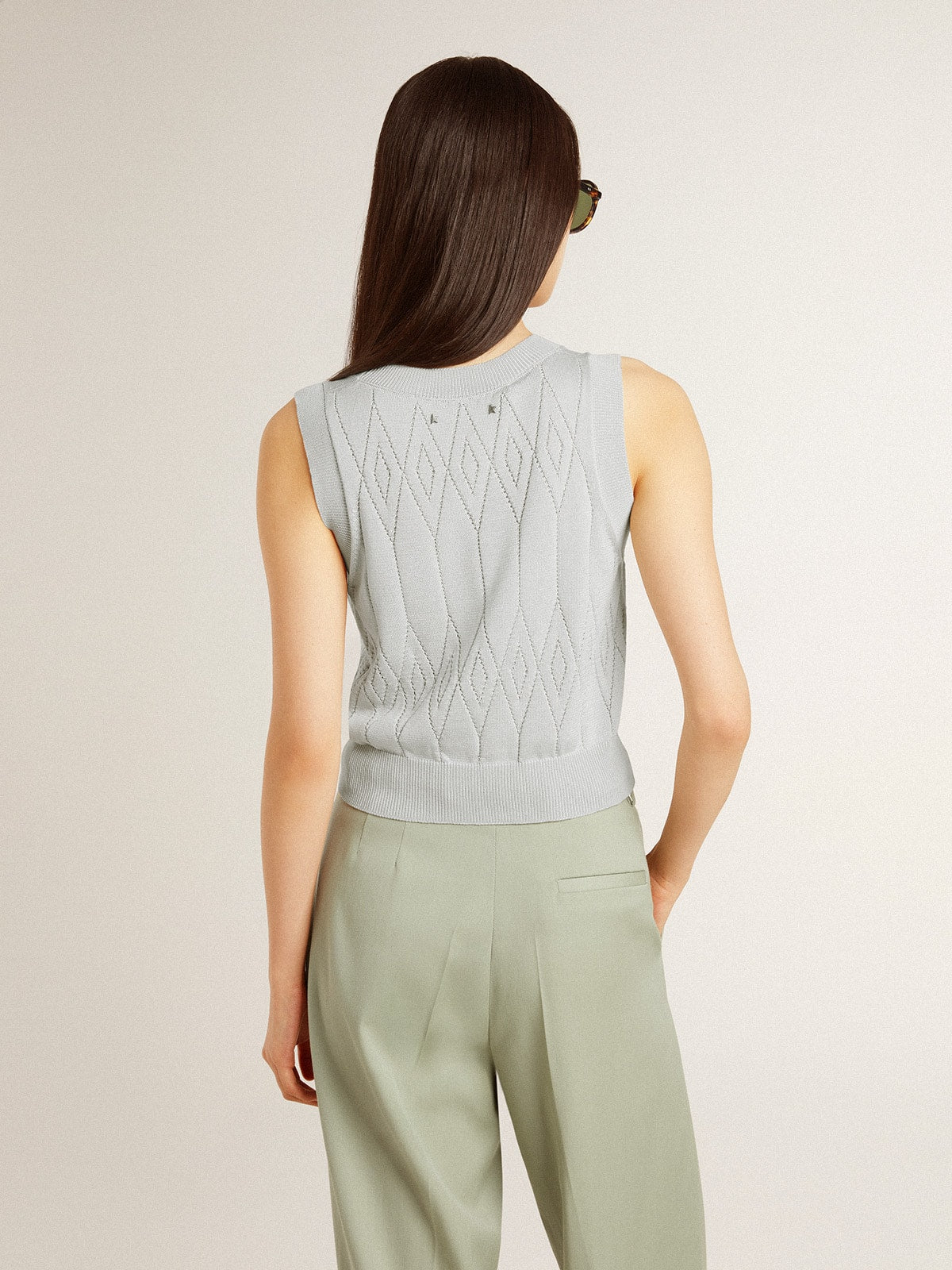 Women's sleeveless tank top in baby blue knit | Golden Goose
