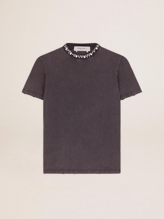 Women's anthracite gray T-shirt with crystals | Golden Goose