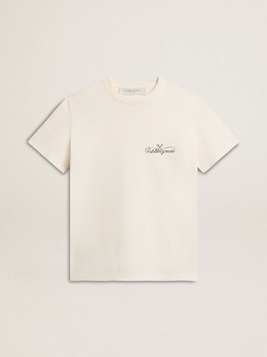 Women’s T-shirt in aged white with logo on the chest | Golden Goose