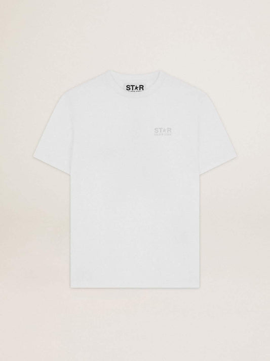 Women's white T-shirt with silver glitter logo and star | Golden Goose