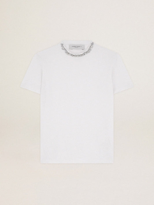 Women's white T-shirt with cabochon crystals | Golden Goose