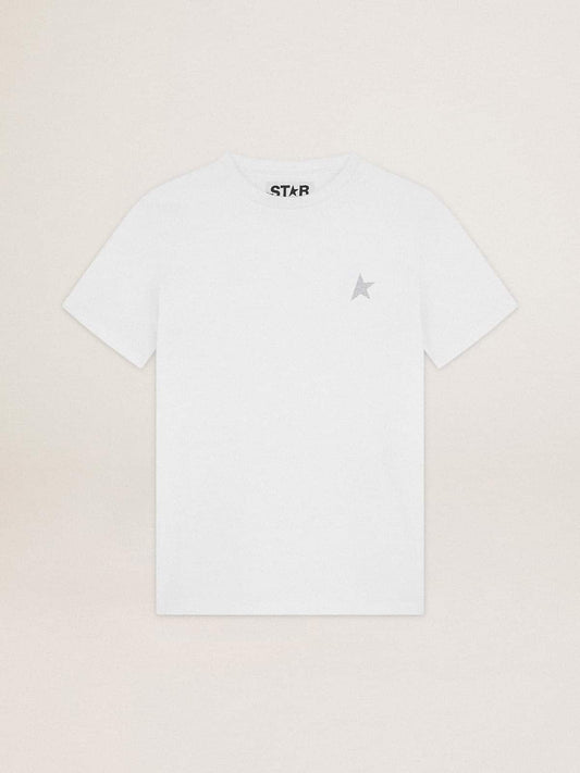 Women's white T-shirt with silver glitter star on the front | Golden Goose
