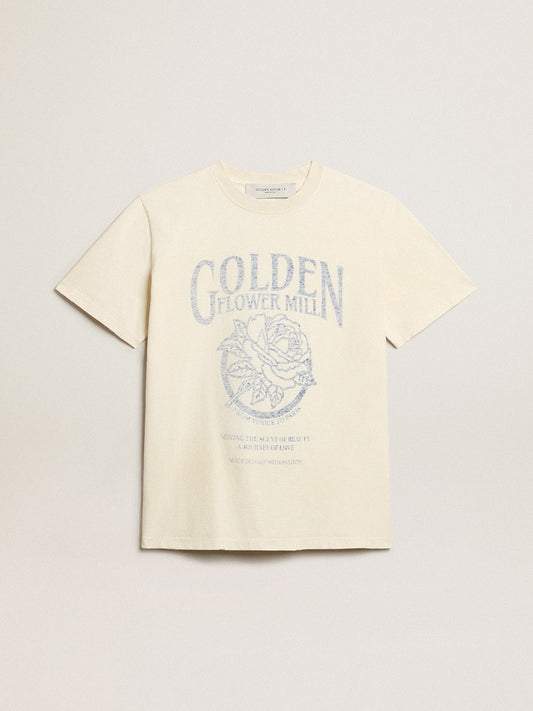 Women’s T-shirt in aged white cotton with seasonal print | Golden Goose