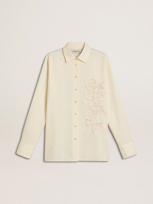 Women's cream-colored cotton shirt with floral embroidery | Golden Goose