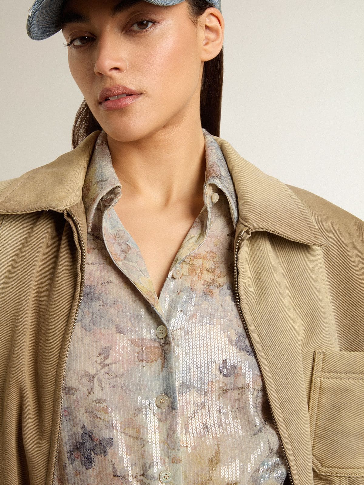 Women's shirt dress with multicolor sequined floral print | Golden Goose