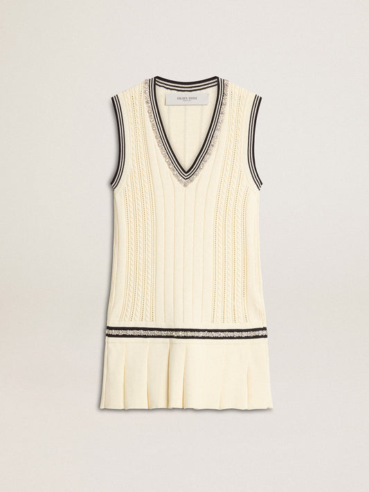 Women's worn-white cotton vest dress with dark blue ribbing and crystals | Golden Goose