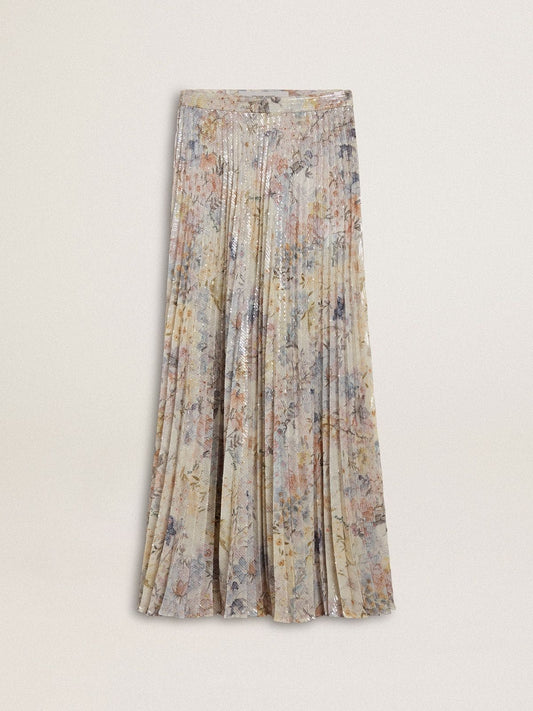 Women's long pleated skirt with multicolor floral sequin print | Golden Goose