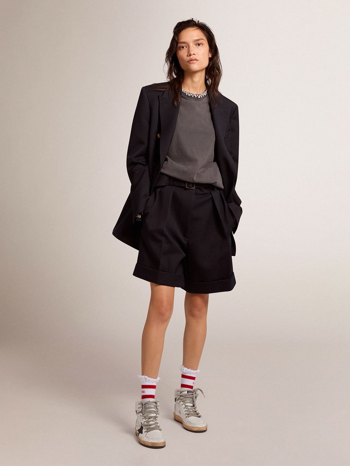 Women's shorts in black wool gabardine with waist belt | Golden Goose