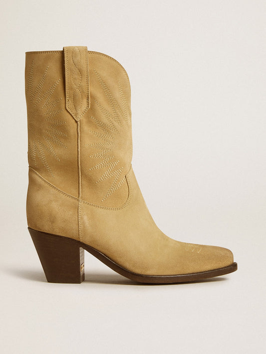 Wish Star low boots in sand-colored waxed suede with star embroidery | Golden Goose