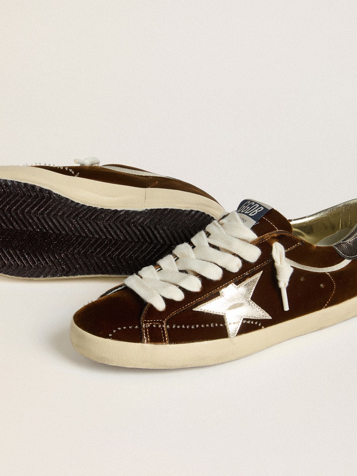 Men's Super-Star in cognac velvet with metallic leather star and heel tab | Golden Goose