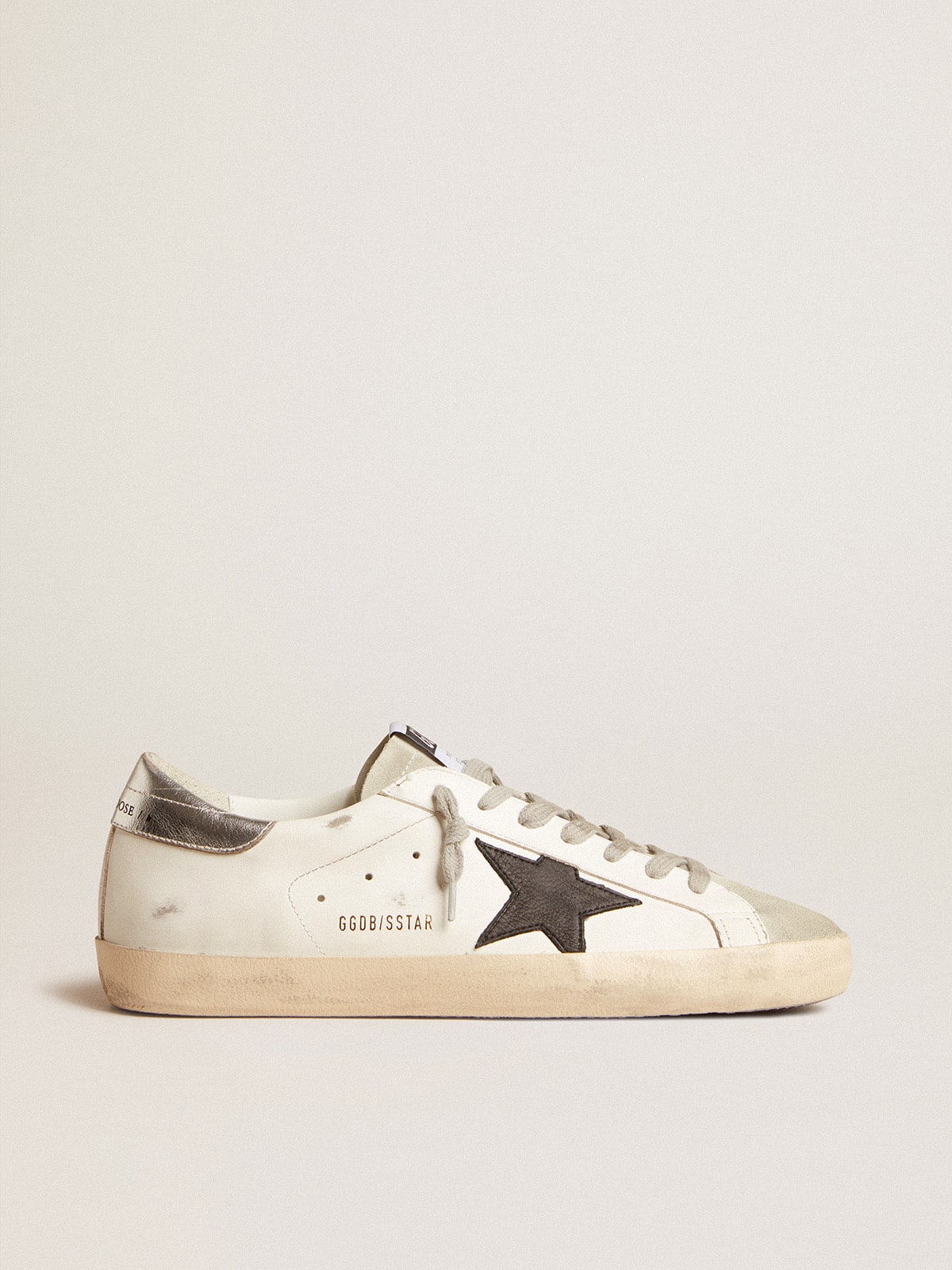 Men's Super-Star in white leather with black nubuck star and silver metallic leather heel tab | Golden Goose