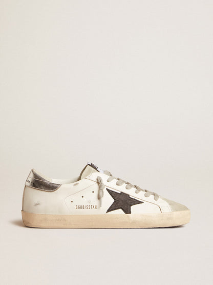 Men's Super-Star in white leather with black nubuck star and silver metallic leather heel tab | Golden Goose