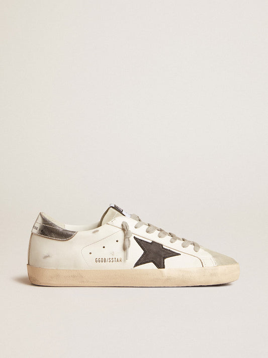 Men's Super-Star in white leather with black nubuck star and silver metallic leather heel tab | Golden Goose