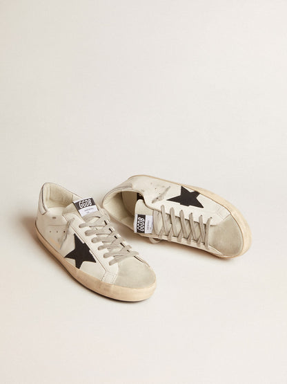 Men's Super-Star in white leather with black nubuck star and silver metallic leather heel tab | Golden Goose