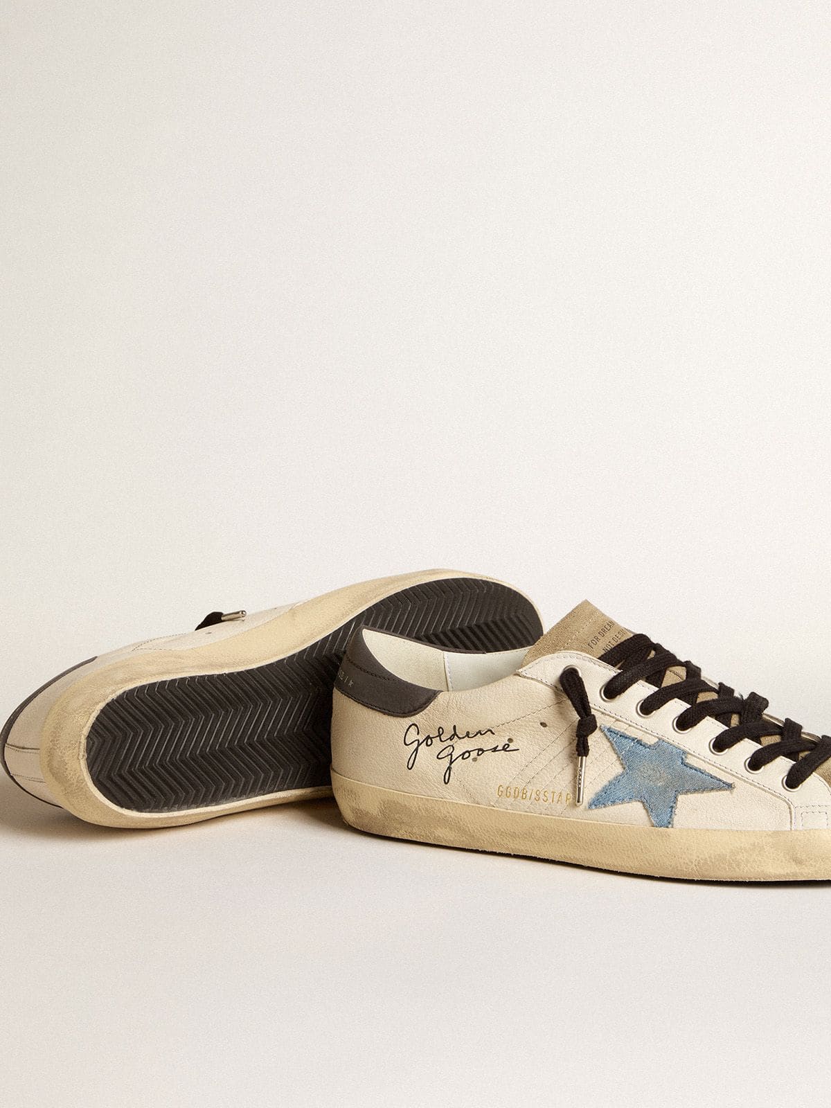 Super-Star in nappa leather with light blue suede star and gray leather heel tab | Golden Goose