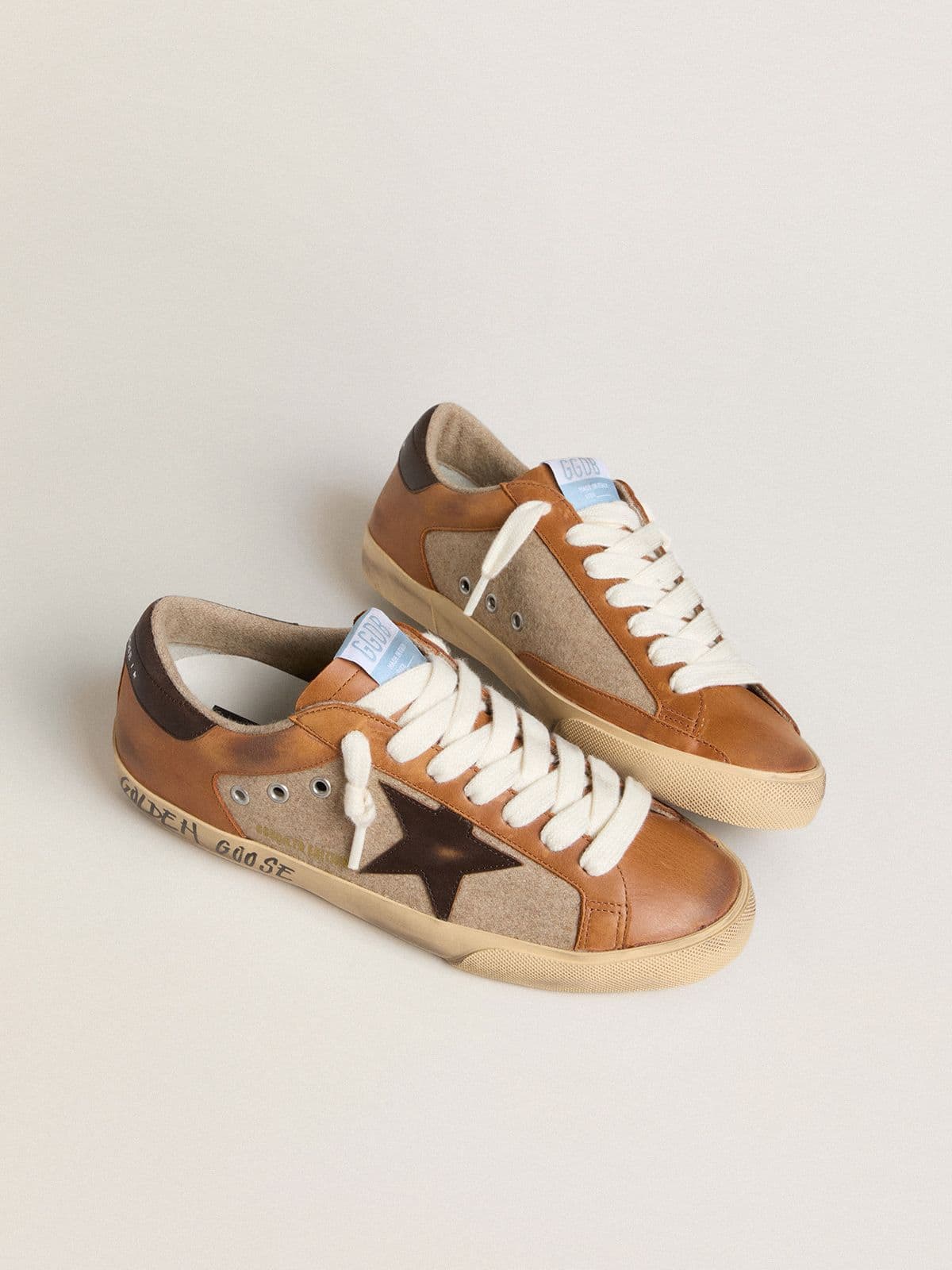 Men's Super-Star LTD in beige wool with brown leather star and camel inserts | Golden Goose