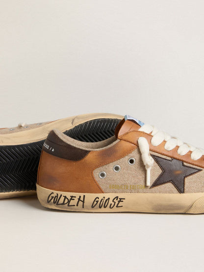 Men's Super-Star LTD in beige wool with brown leather star and camel inserts | Golden Goose