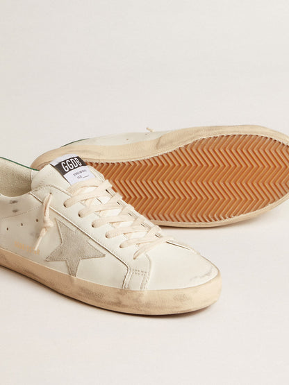 Super-Star in white leather with ice-gray suede star and green leather heel tab | Golden Goose