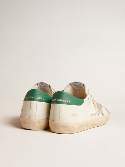 Super-Star in white leather with ice-gray suede star and green leather heel tab | Golden Goose