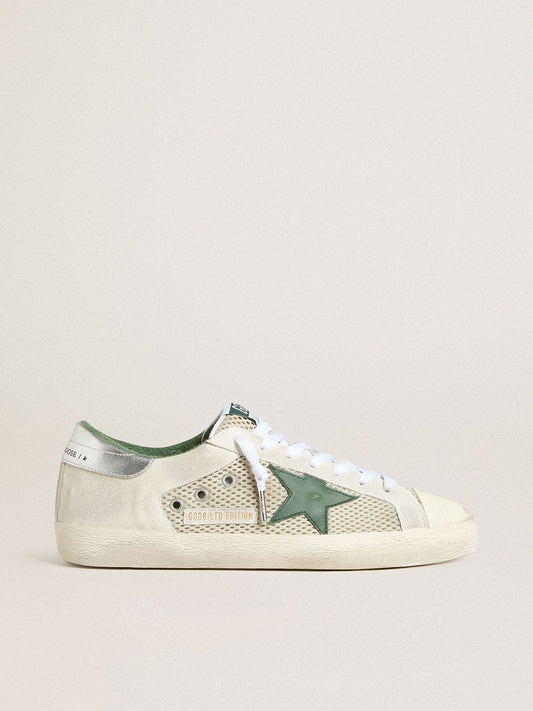 Men’s Super-Star LTD in white suede and mesh with green leather star and silver heel tab | Golden Goose