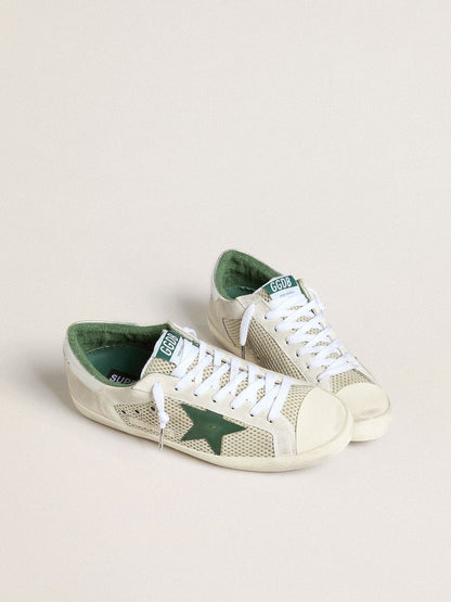 Men’s Super-Star LTD in white suede and mesh with green leather star and silver heel tab | Golden Goose