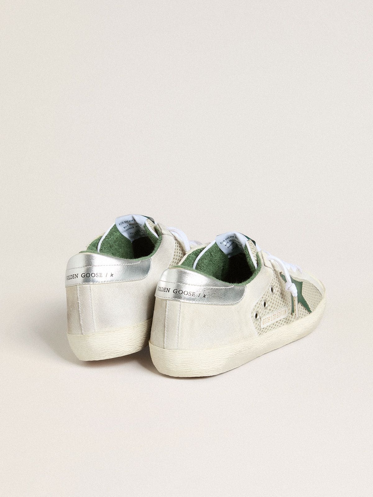 Men’s Super-Star LTD in white suede and mesh with green leather star and silver heel tab | Golden Goose