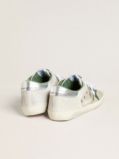 Men’s Super-Star LTD in white suede and mesh with green leather star and silver heel tab | Golden Goose