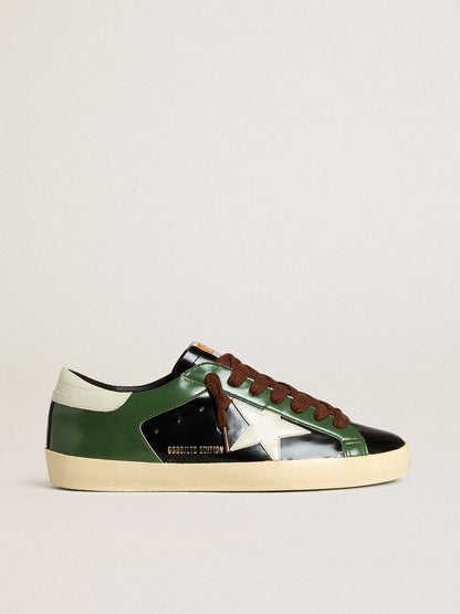 Men’s Super-Star LTD in black laminated leather with white leather star and heel tab | Golden Goose